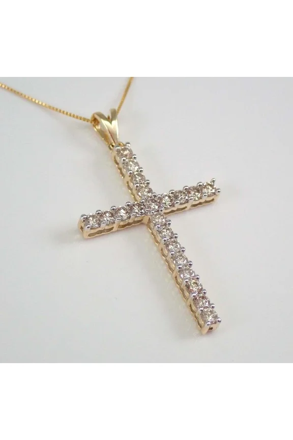 Delicate 1Ct Round Cut Diamond Cross Pendant 18"Free Chain 14K Yellow Gold Over