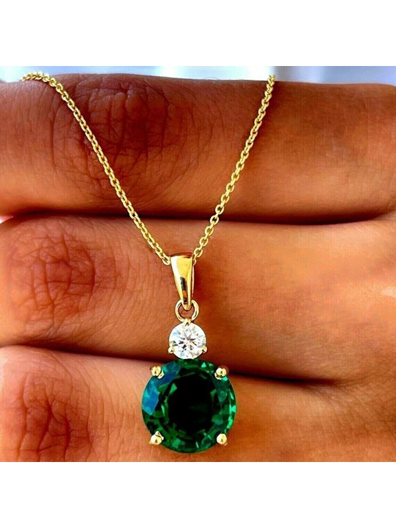 Delicate 2Ct Round Cut Lab Created Green Emerald Diamond Women's Pendant 14K Yellow Gold Finish Free Chain