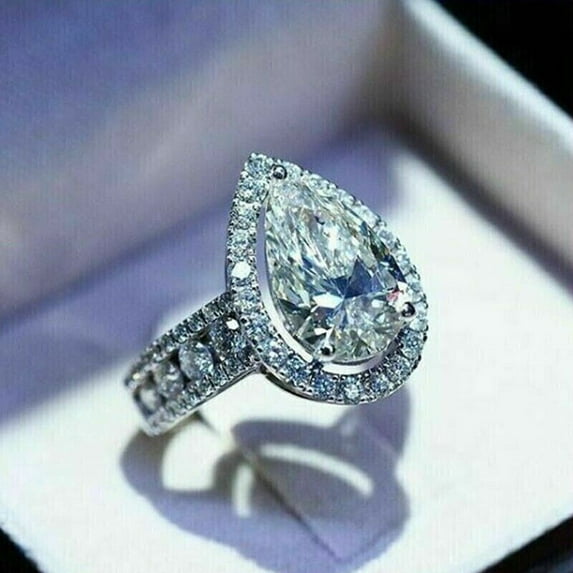 Delicate 3Ct Pear Cut Real Moissanite Halo Engagement Gift Ring 14K White Gold Plated