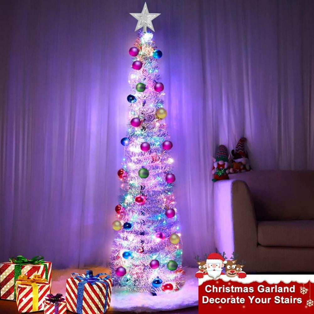 Delicate 5 FT Pop up Christmas Tree with 50 LED Lights & Balls & Tree Top Star,Artificial Tinsel