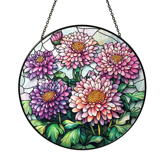 Delicate Aster Bloom Artwork Stained Glass Style Window Hanging – Nature Decor