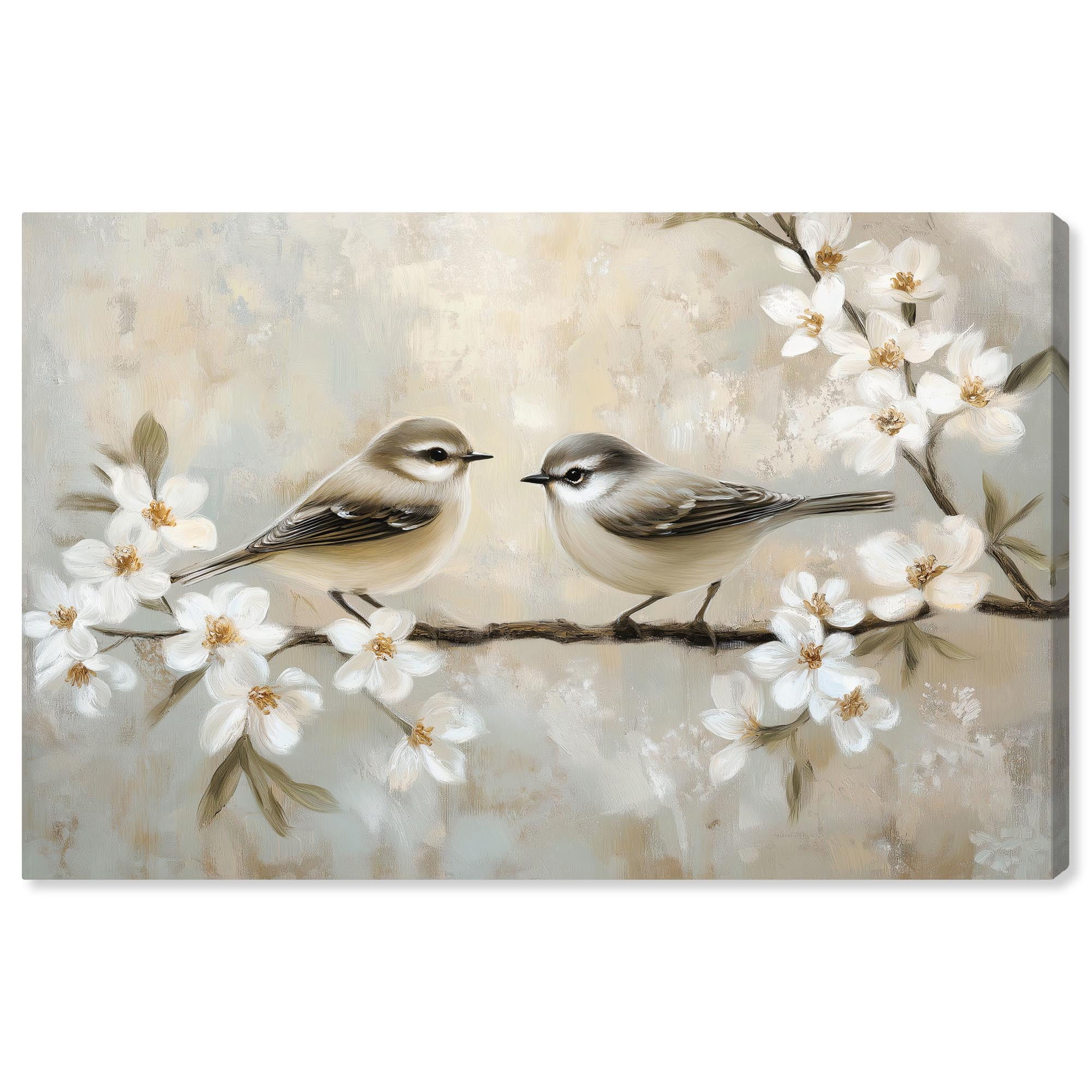 Delicate Birds Beige and White Canvas Wall Art, 36" x 24"