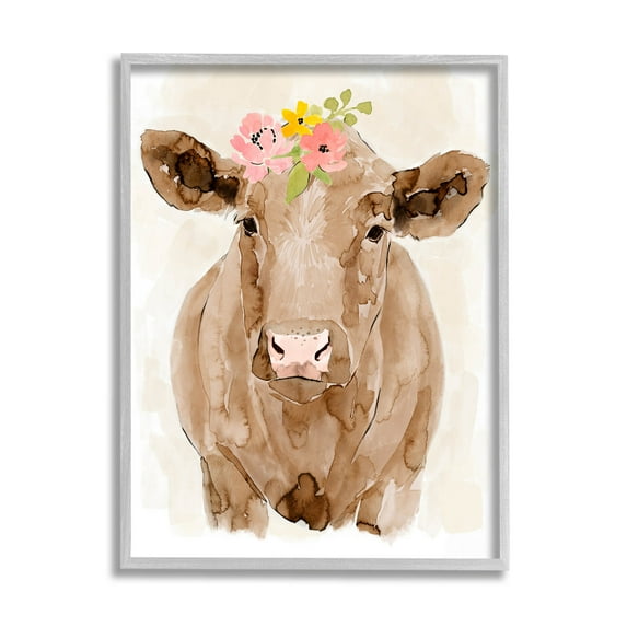 Delicate Blooms Cow Portrait Animals & Insects Graphic Art Gray Framed Art Print Wall Art