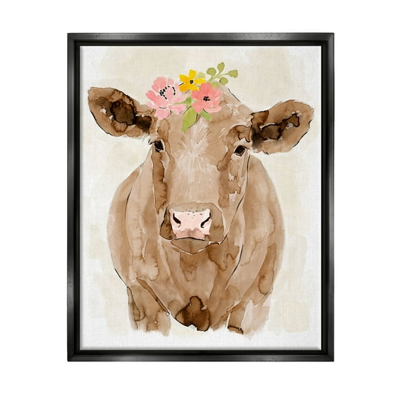 Delicate Blooms Cow Portrait Animals & Insects Graphic Art Jet Black Framed Art Print Wall Art