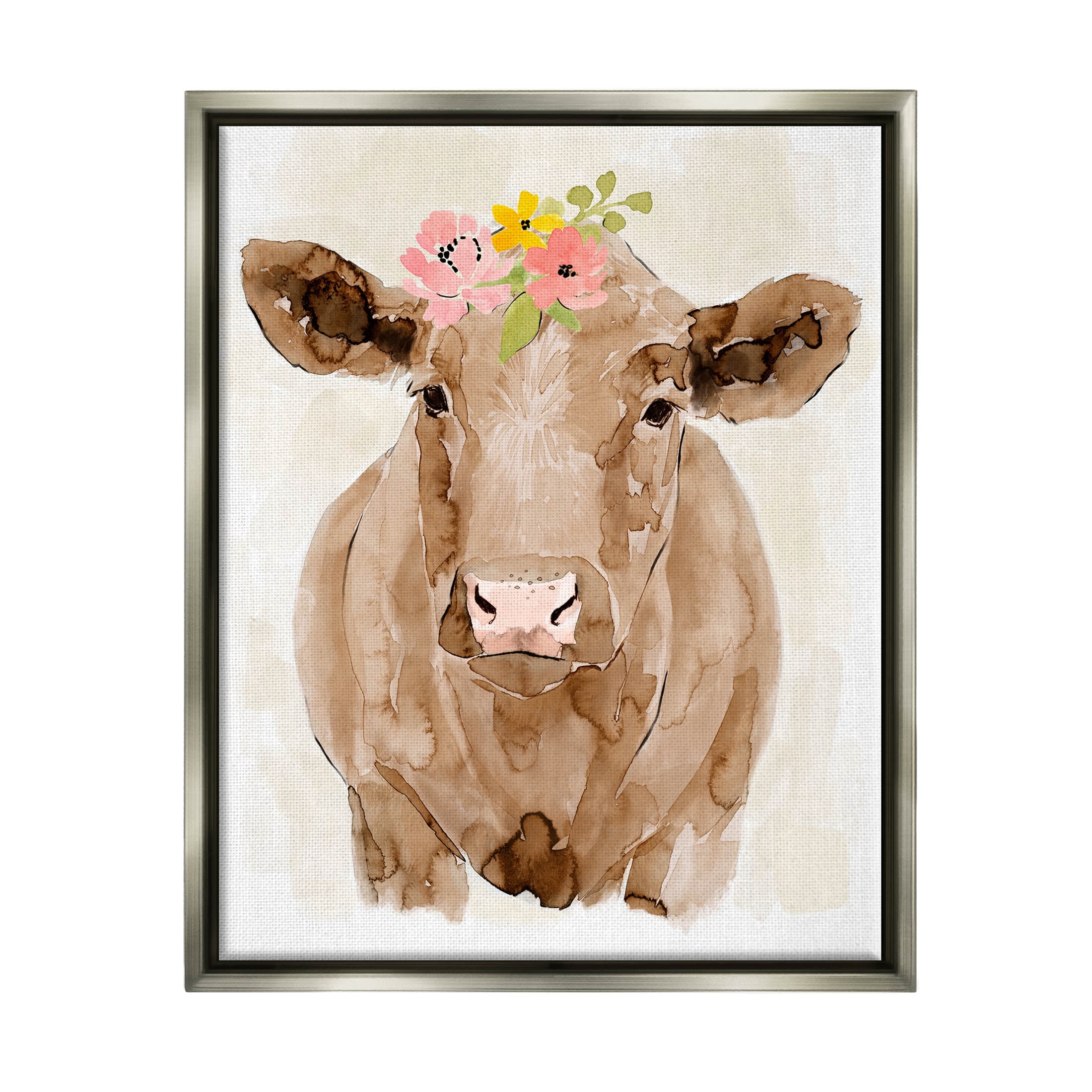 Delicate Blooms Cow Portrait Animals & Insects Graphic Art Luster Gray Framed Art Print Wall Art