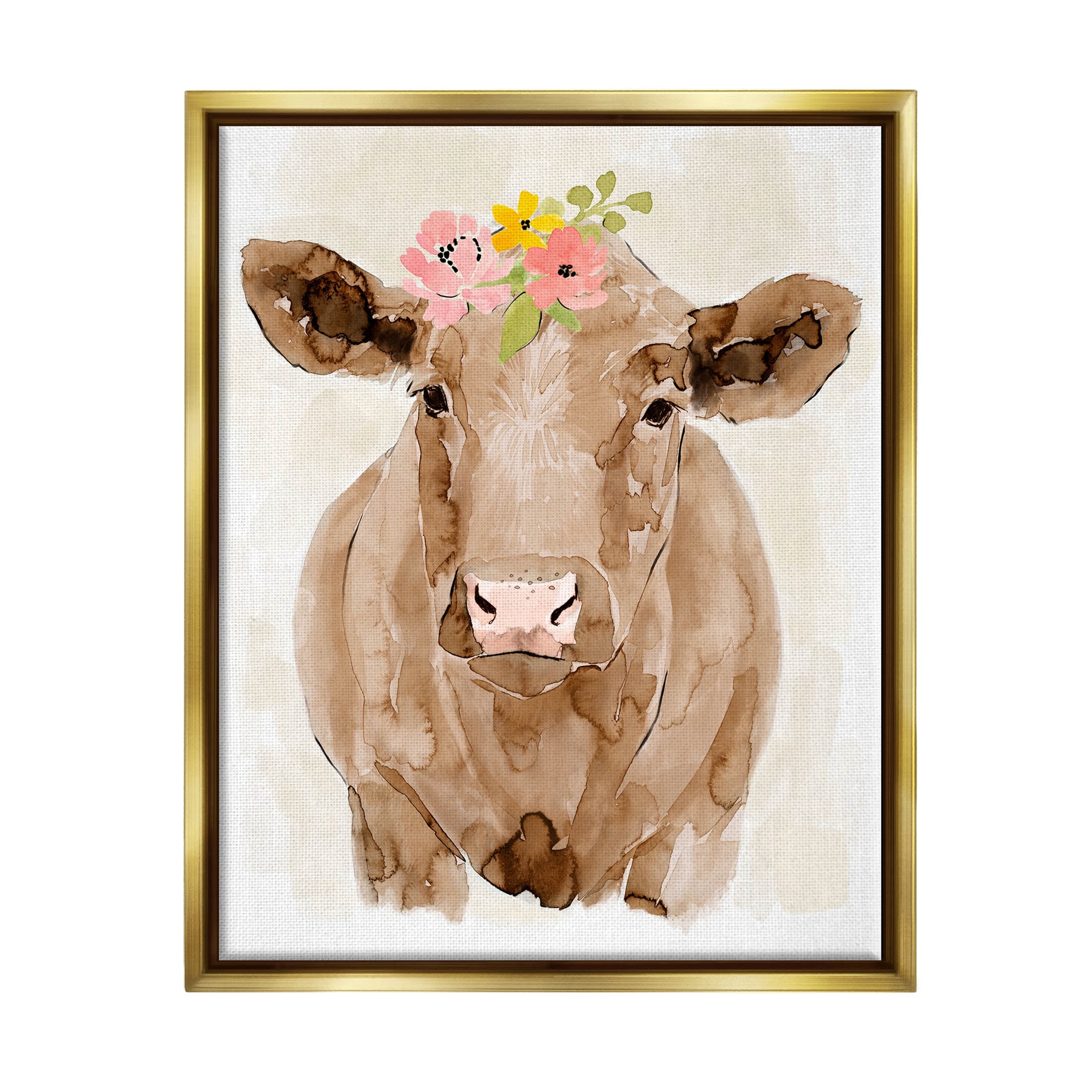 Delicate Blooms Cow Portrait Animals & Insects Graphic Art Metallic Gold Framed Art Print Wall Art
