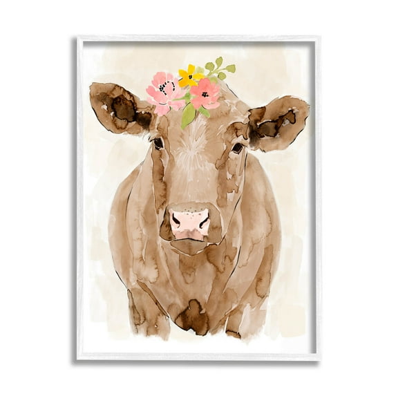 Delicate Blooms Cow Portrait Animals & Insects Graphic Art White Framed Art Print Wall Art