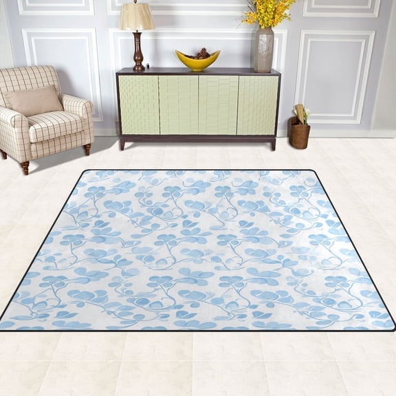 Delicate Blue Blooms 63''x48'' Plush Memory Foam Bath Mat, Soft, Absorbent, Non Slip, Durable