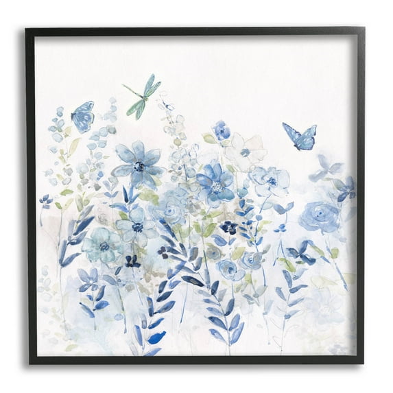 Delicate Blue Floral Garden Botanical & Floral Graphic Art Black Framed Art Print Wall Art