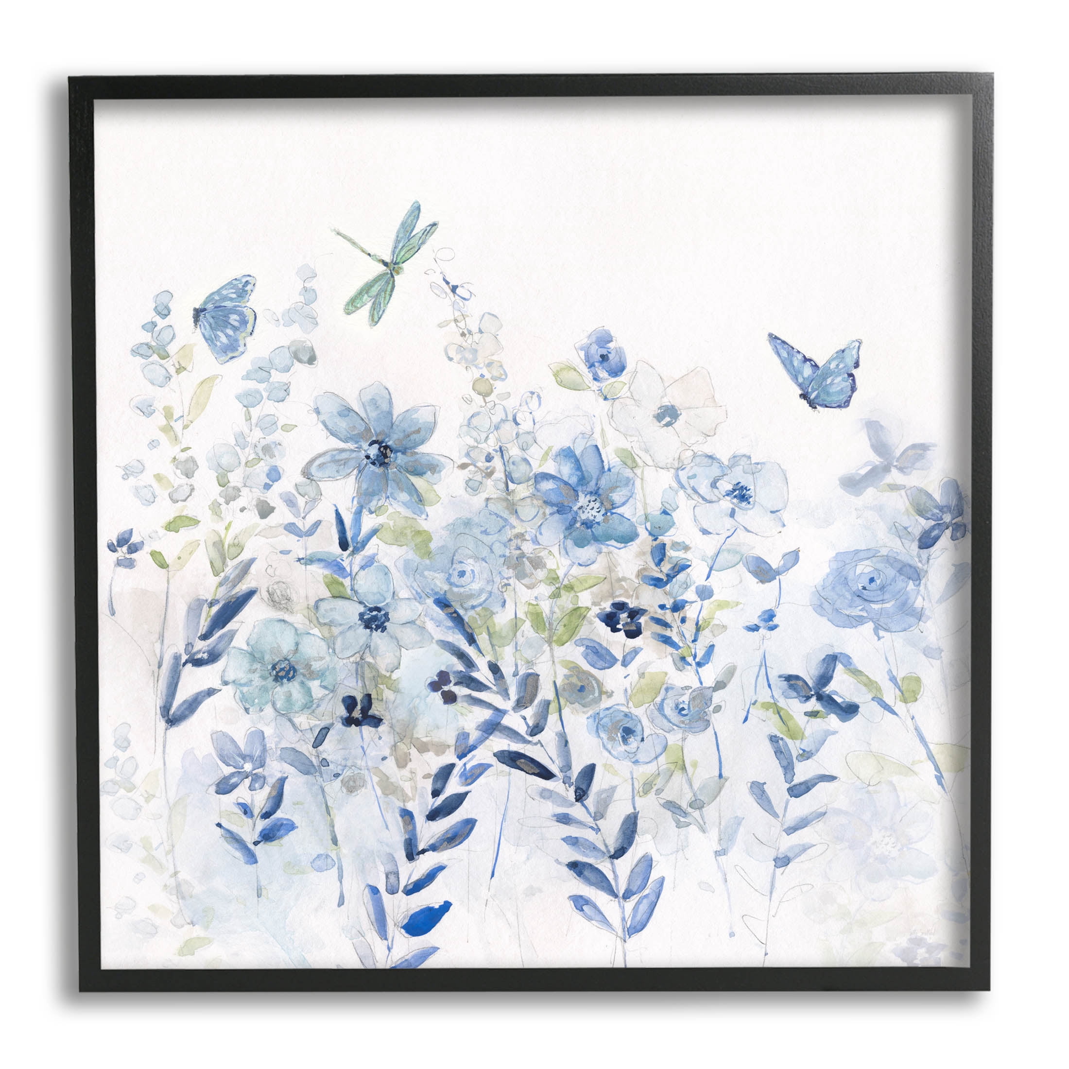 Delicate Blue Floral Garden Botanical & Floral Graphic Art Black Framed Art Print Wall Art
