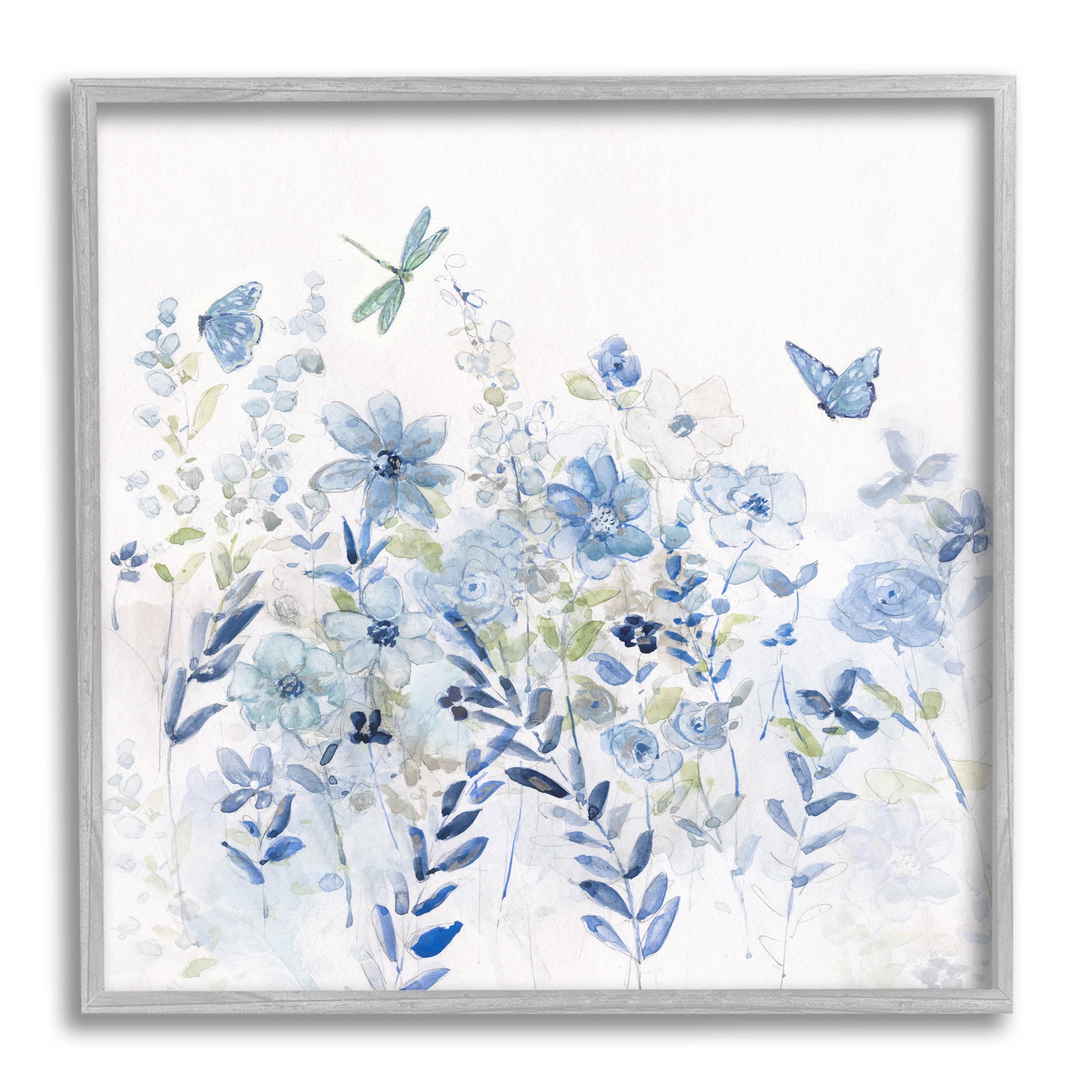 Delicate Blue Floral Garden Giclee Canvas Art with Gray Frame