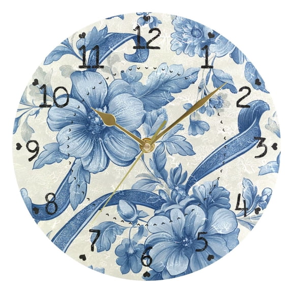 Delicate Blue Flowers Leaves Ribbons Round Wall Clock Silent Analog Battery Operated Gold Pointer Home Decor 9.84" Diameter