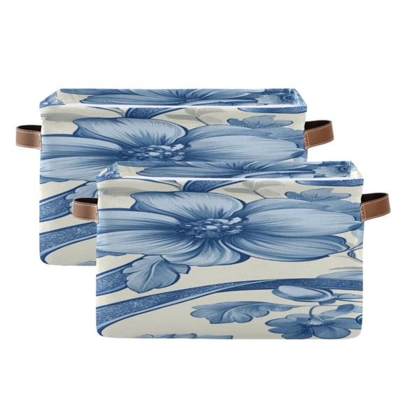 Delicate Blue Flowers Leaves Ribbons Square Storage Bins with Handles Collapsible Containing Box 2 Packs