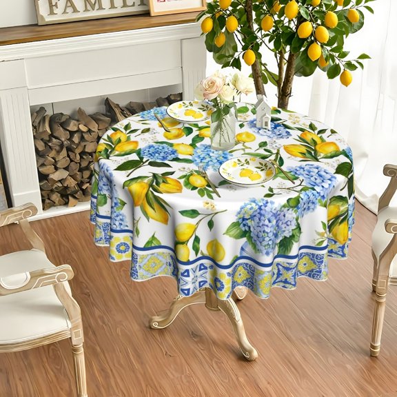Delicate Blue White Lemon Pattern Round Table Cover, Picnic Durable Dining Tablecloth, For Brunch Parties Small Celebrations, 35/49/60/71 Inch
