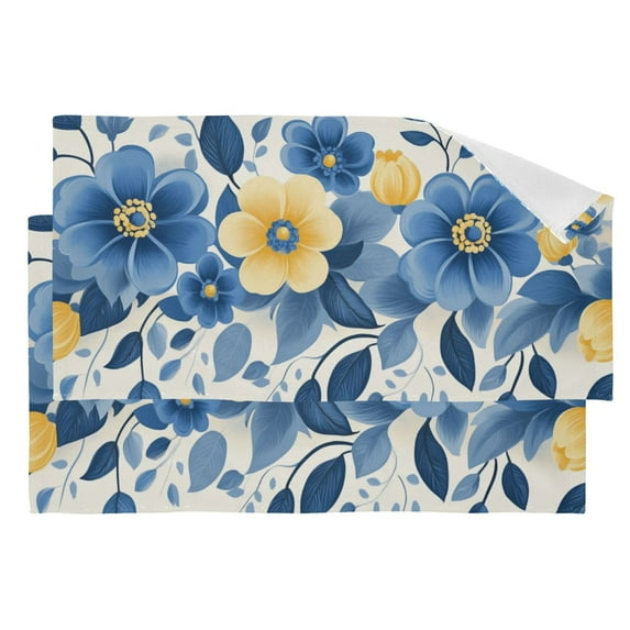 Delicate Blue and Yellow Flowers Hand Towel Absorbent Bath Towels for Bathroom Sports Gym 28" x 14" Set of 2