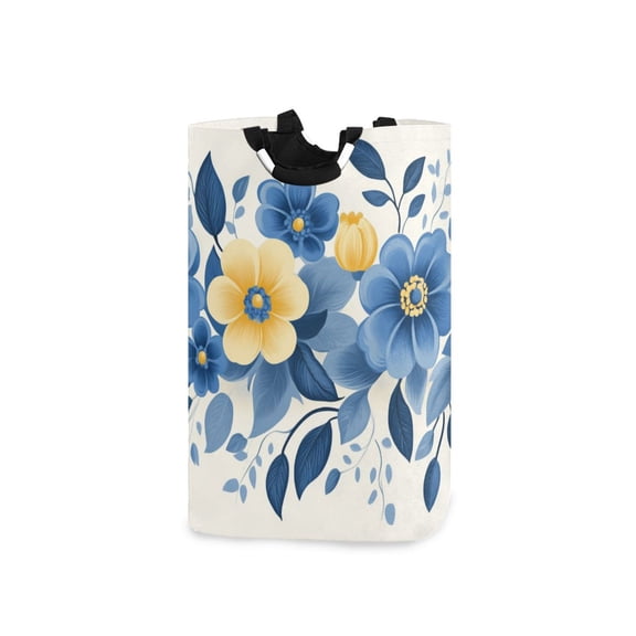 Delicate Blue and Yellow Flowers Laundry Basket with Handles Foldable Laundry Hamper Freestanding Washing Bin 50L