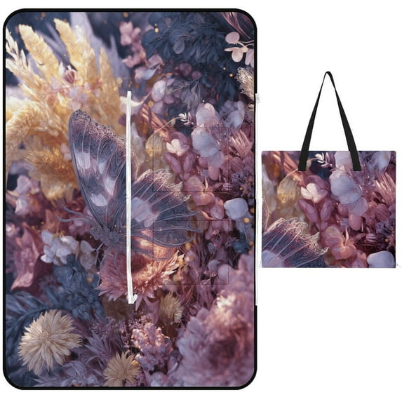 Delicate Butterfly Among Pastel Flowers Picnic Blanket Waterproof Outdoor Beach Blanket Hand-held Pad Suitable for Travel, Camping, Beach, Family Gatherings