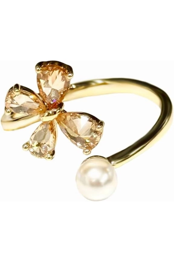 Delicate Butterfly Pearl Ring Cubic Zirconia Wrap Finger Ring Gold Plated Expandable Open Stacking Rings Eternity Promise Engagement Fashion Jewelry