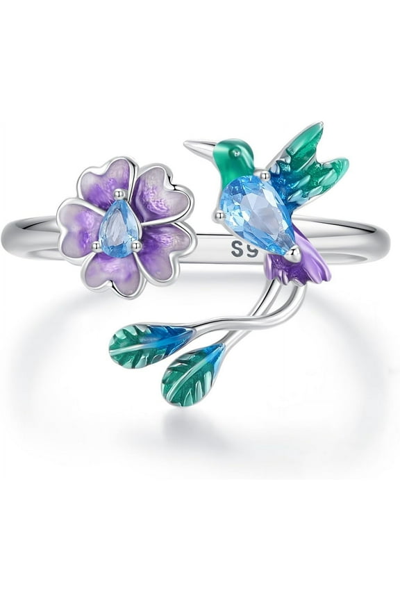 Delicate CZ Bird Flower 925 Sterling Silver Ring for Women Birthday Wedding Spring Statement Hummingbird Daisy Open Wrap Finger Rings Comfort Fit Adjustable Cute Jewelry Gift