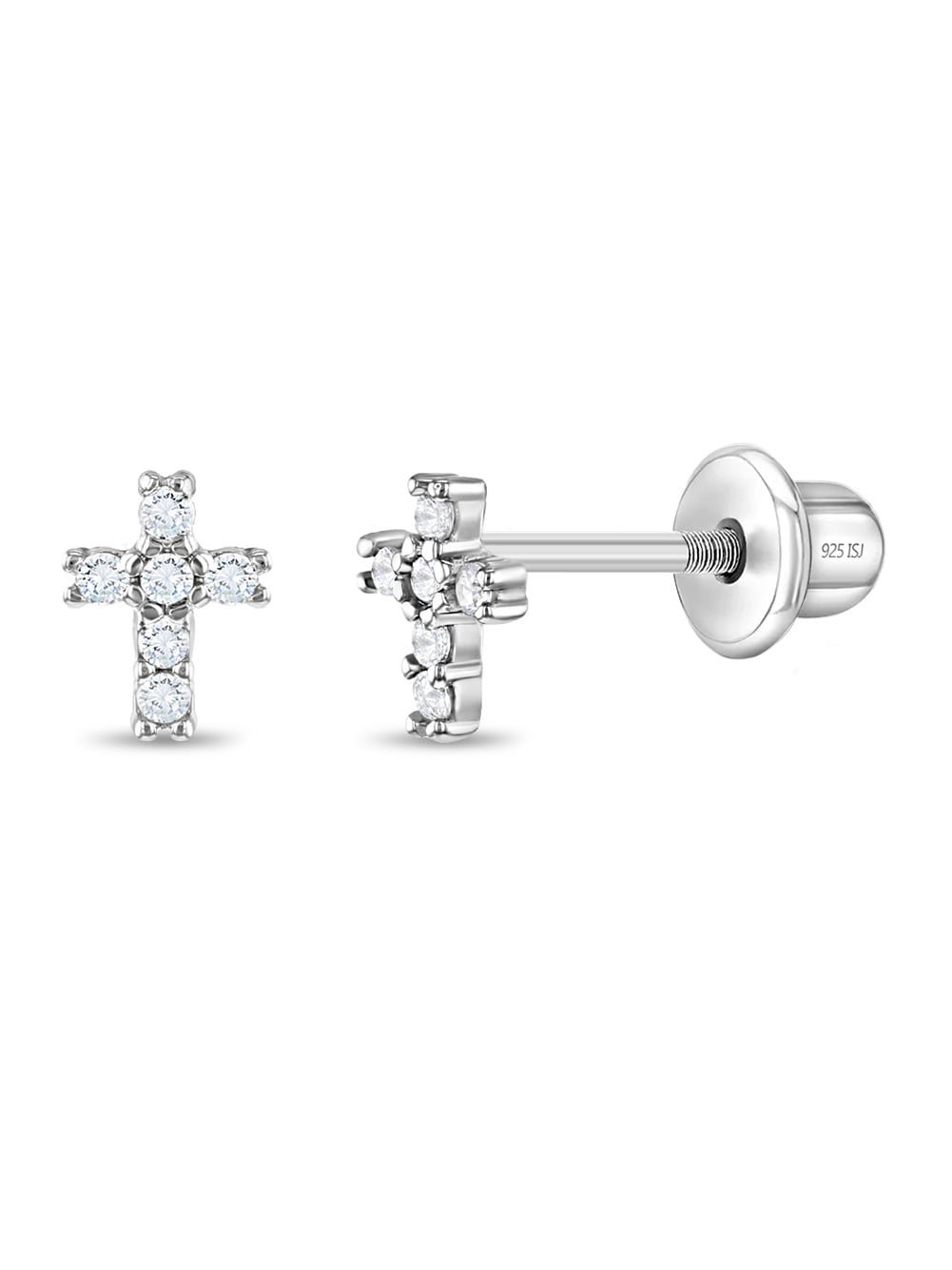 Delicate CZ Cross 6mm Baby / Toddler Earrings Screw Back - Sterling Silver