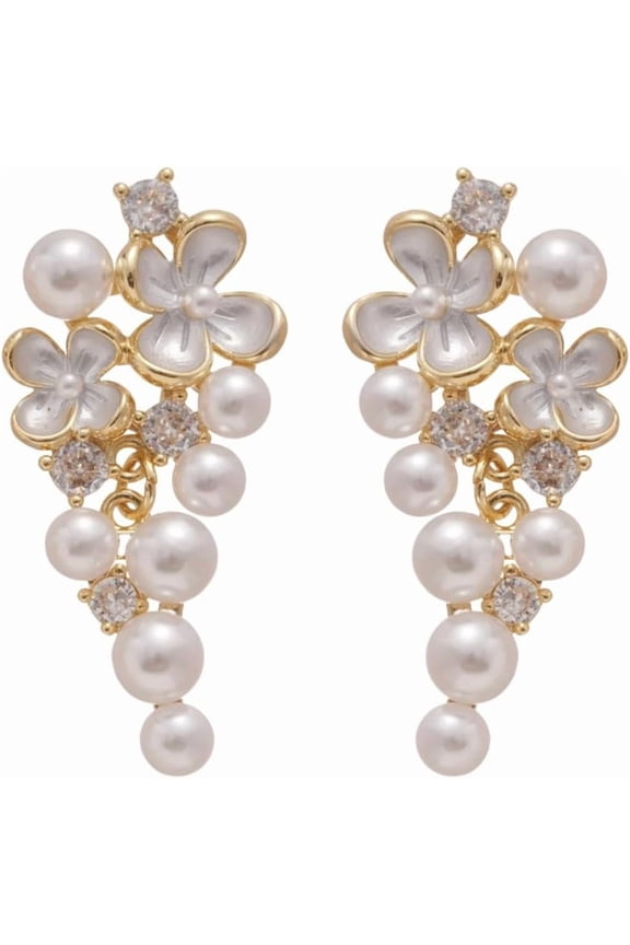 Delicate CZ Flower Drop Dangle Stud Earrings for Women Gold-Toned 925 Sterling Silver Post Pin Crystal Shell Pearl Tassel Dangling Studs Earring Dainty Flowers Jewelry for Wedding Party