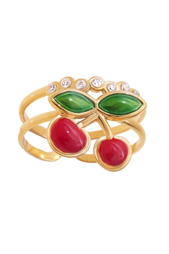 Delicate Cherries Pattern Open Rings Polished Stainless Steel Versatile Finger Accessory Perfect For Layering Wear