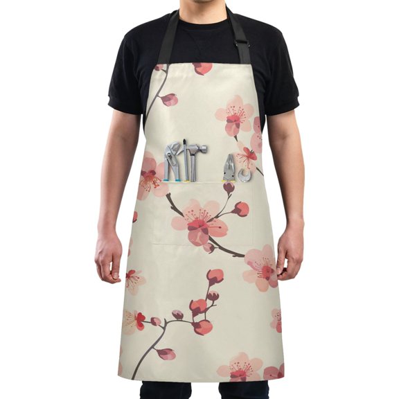 Delicate Cherry Blossoms Kitchen Apron with 2 Pockets Adjustable waterproof Cooking Aprons for Women Men Chef