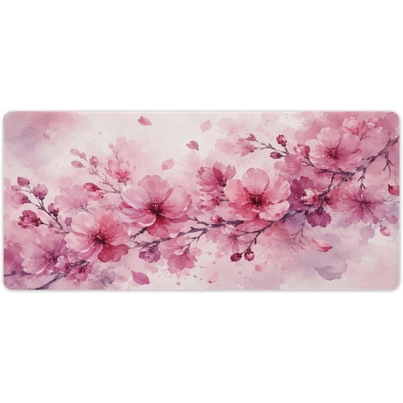Delicate Cherry Blossoms in Watercolor Bloom Large Gaming Mouse Pad 16"x36", Extended Desk Mat with Stitched Edges, Anti Slip Rubber Base for Gaming Office Internet Cafe