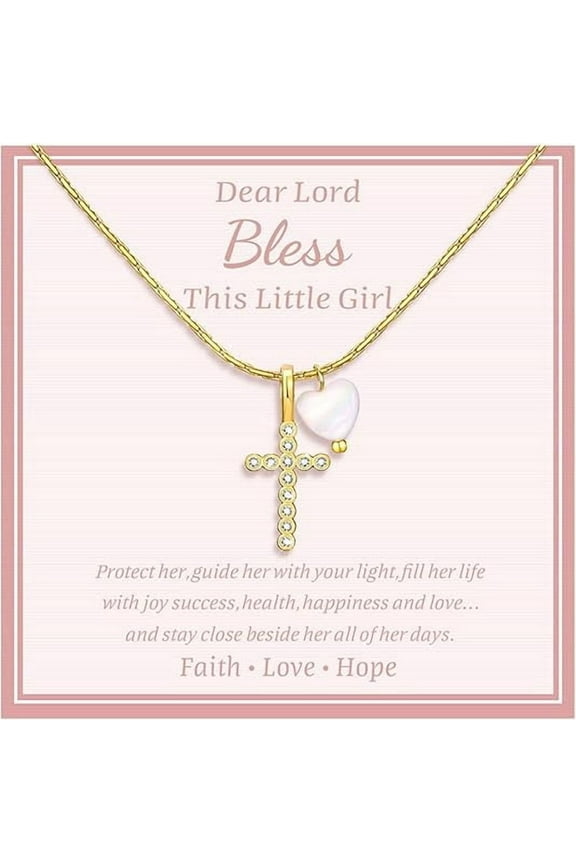 Delicate Cross Necklace : Gold Plated Pearl Heart Cubic Zirconia Cross Chain Necklace Christening Jewelry Baptism First Communion Confirmation Easter Gifts Teen