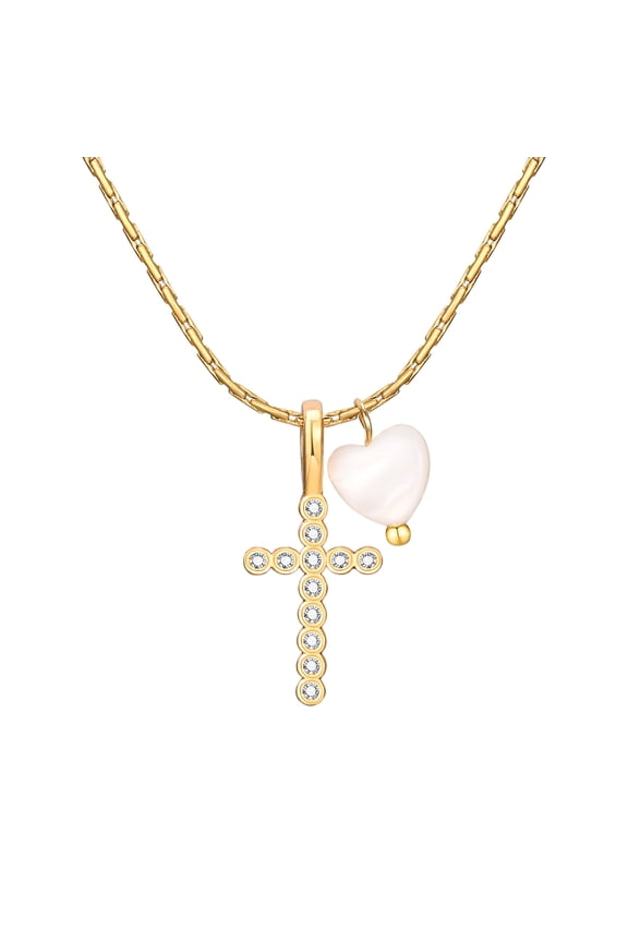 Delicate Cross Necklace : Gold Plated Pearl Heart Cubic Zirconia Cross Chain Necklace Christening Jewelry Baptism First Communion Confirmation Easter Gifts Teen