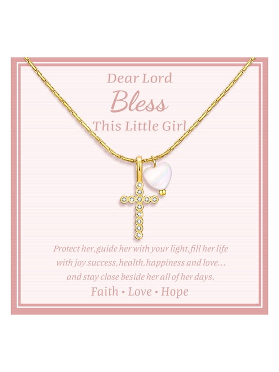 Delicate Cross Necklace : Gold Plated Pearl Heart Cubic Zirconia Cross Chain Necklace Christening Jewelry Baptism First Communion Confirmation Easter Gifts Teen