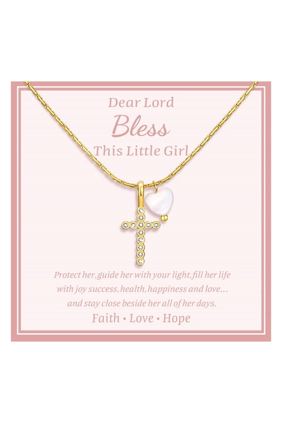 Delicate Cross Necklace : Gold Plated Pearl Heart Cubic Zirconia Cross Chain Necklace Christening Jewelry Baptism First Communion Confirmation Easter Gifts Teen