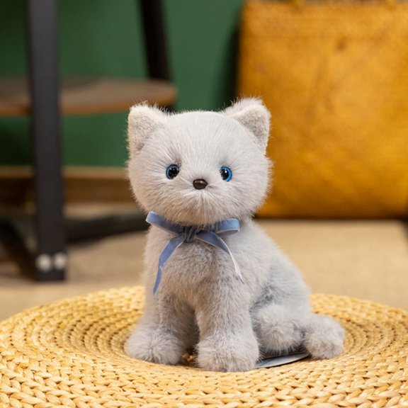 Delicate Cute Lifelike Kitten Plush Toys Fluffy Sitting Pose Ribbon Bow Cat Doll Lovely Desktop Pets Pretty Girls Gift