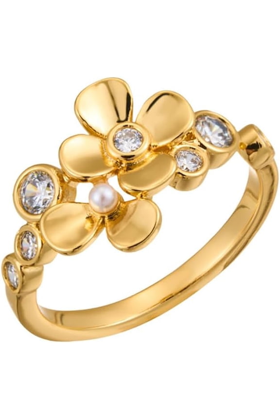 Delicate Daisy Flower Ring for Women Pearl Cubic Zirconia Floral Open Statement Ring Eternity Promise Rings Wedding Band Fashion Jewelry