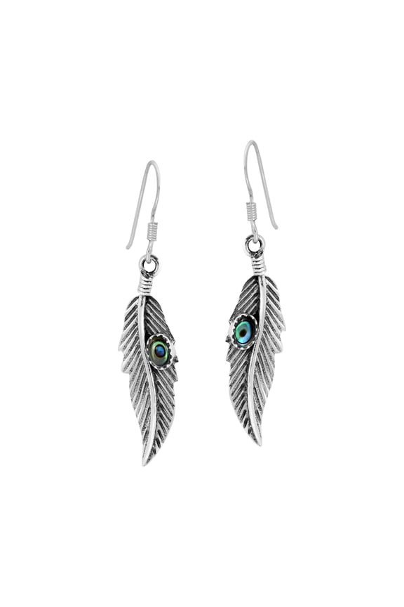 Delicate Feather and Abalone Shell Inlay .925 Sterling Silver Dangle Earrings
