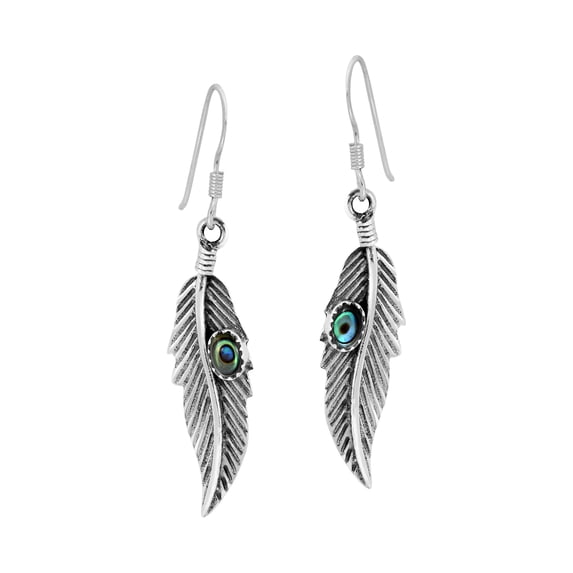 Delicate Feather and Abalone Shell Inlay .925 Sterling Silver Dangle Earrings