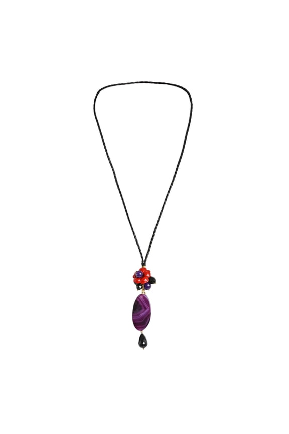 Delicate Floral Beauty Purple Agate, Amethyst & Onyx Teardrop Necklace