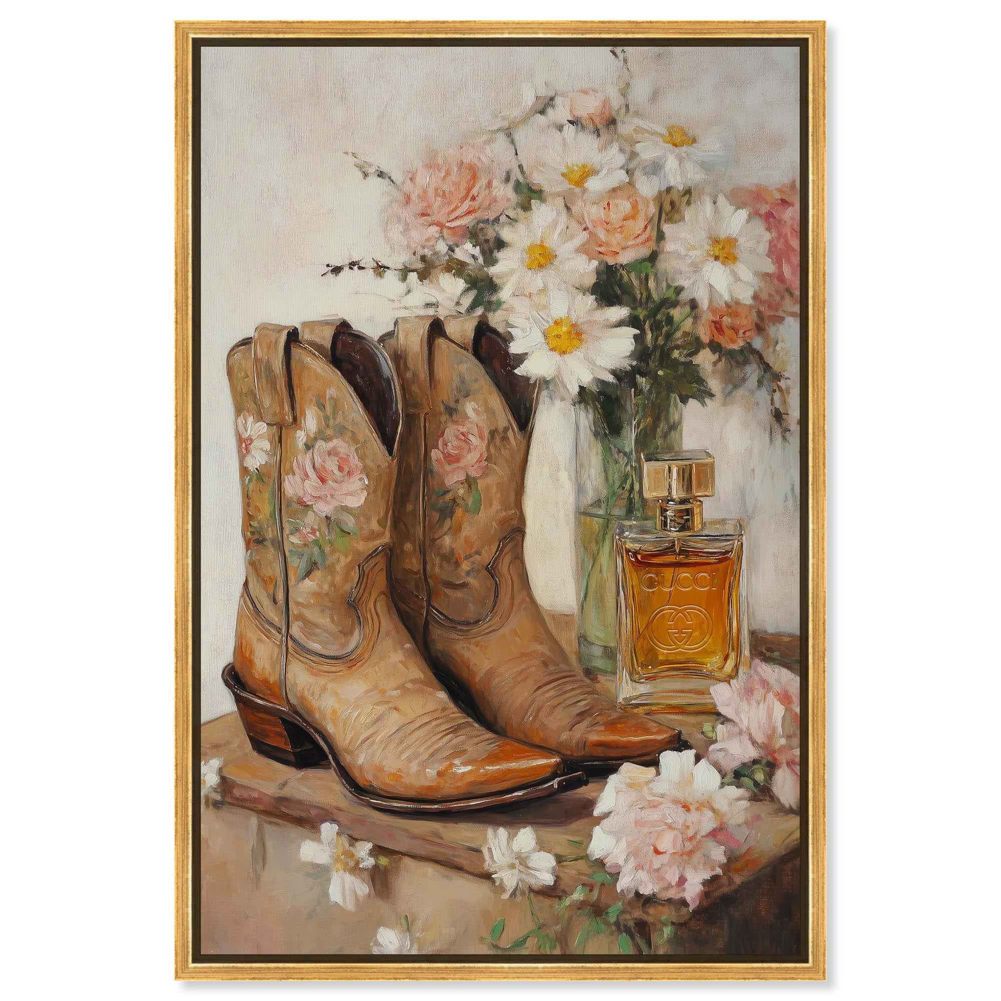 Delicate Floral Boots II Canvas Fashion Art Print by Art Remedy, Gold ...