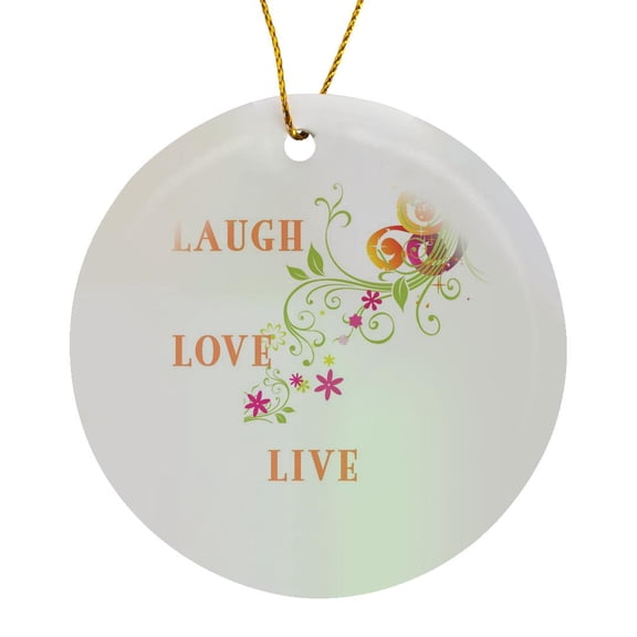 3drose, Delicate Floral Scroll on White with Laugh Love Live Written on It, Circle Porcelain Ornament