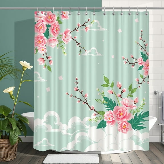 Delicate Floral Shower Curtain - Pink Flowers & Green Leaves on Light Green Japanese Art Style