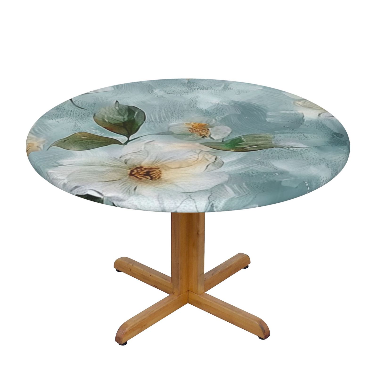 Delicate Floral on Light Blue Round Fitted Tablecloth, Elastic Table