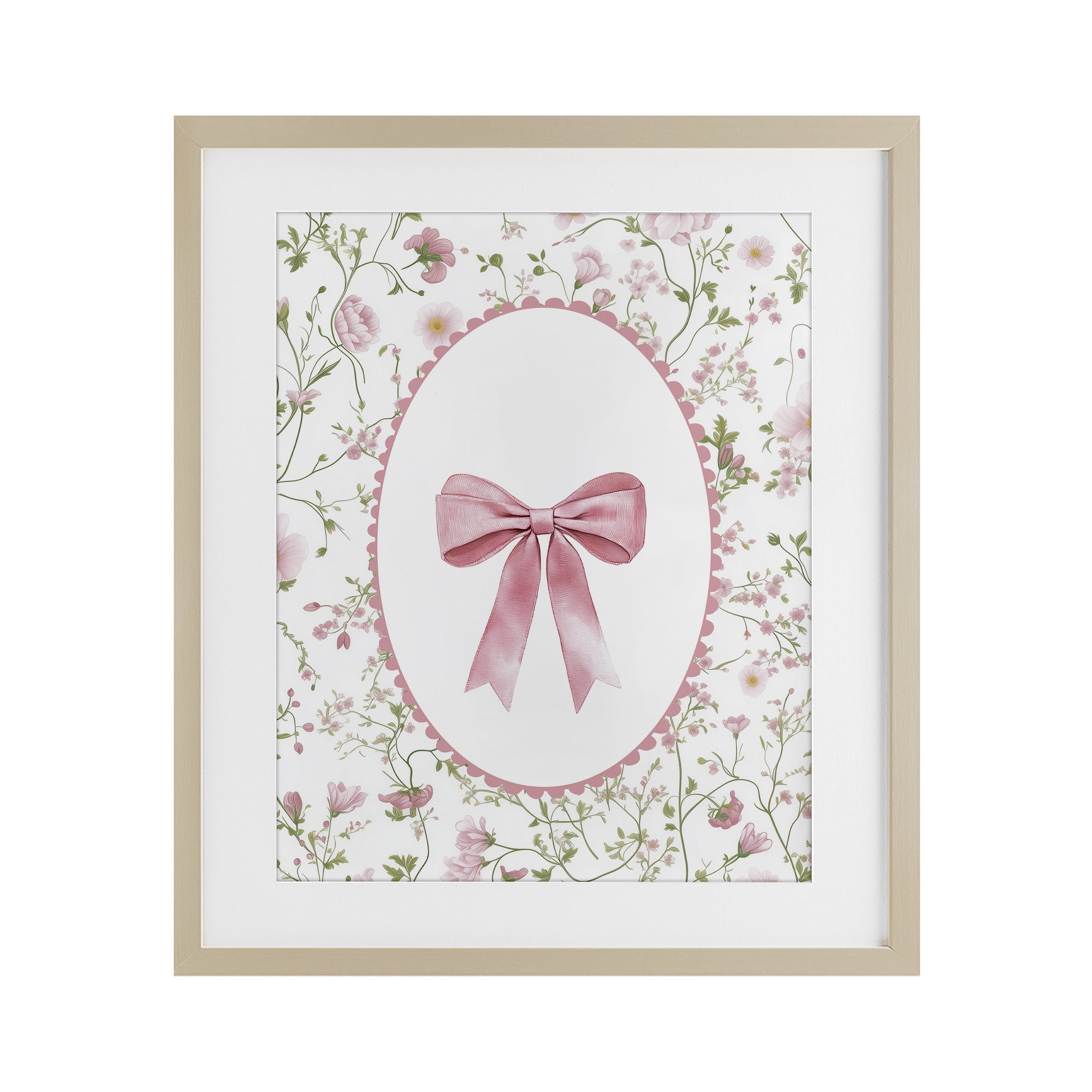 Delicate Florals & Bow Birch Framed Print Under Glass, design by Christine Simpson Art