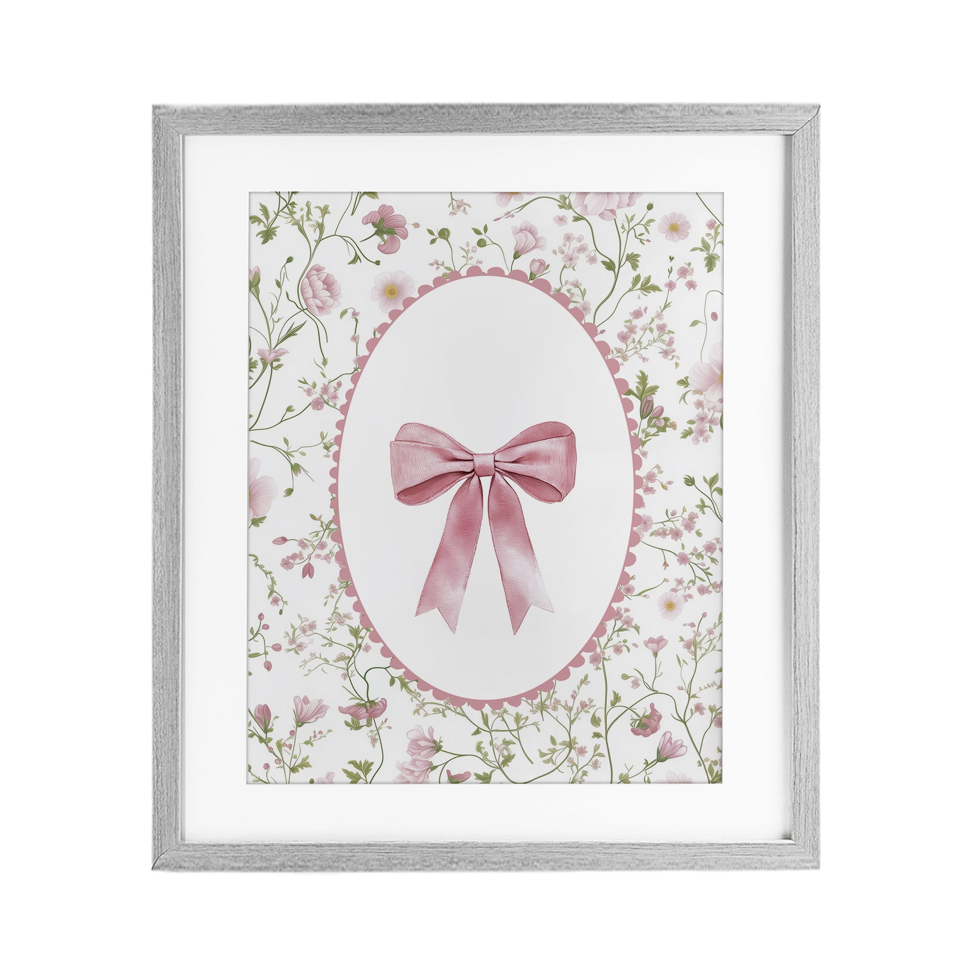 Delicate Florals & Bow Gray Framed Print Under Glass, design by Christine Simpson Art