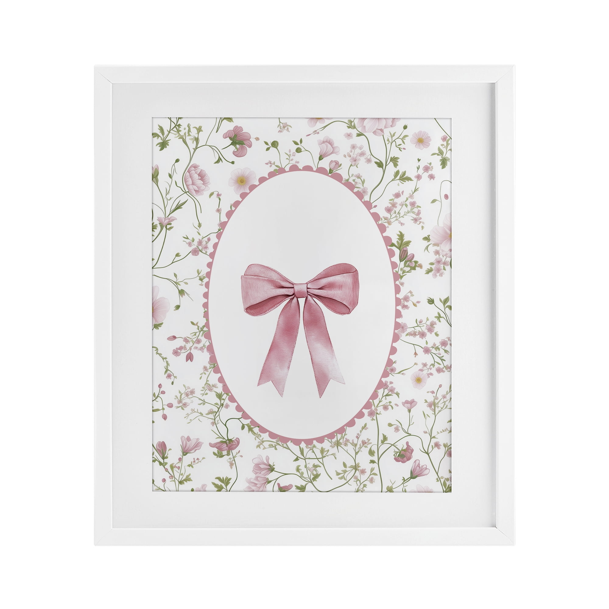 Delicate Florals & Bow White Framed Print Under Glass, design by Christine Simpson Art