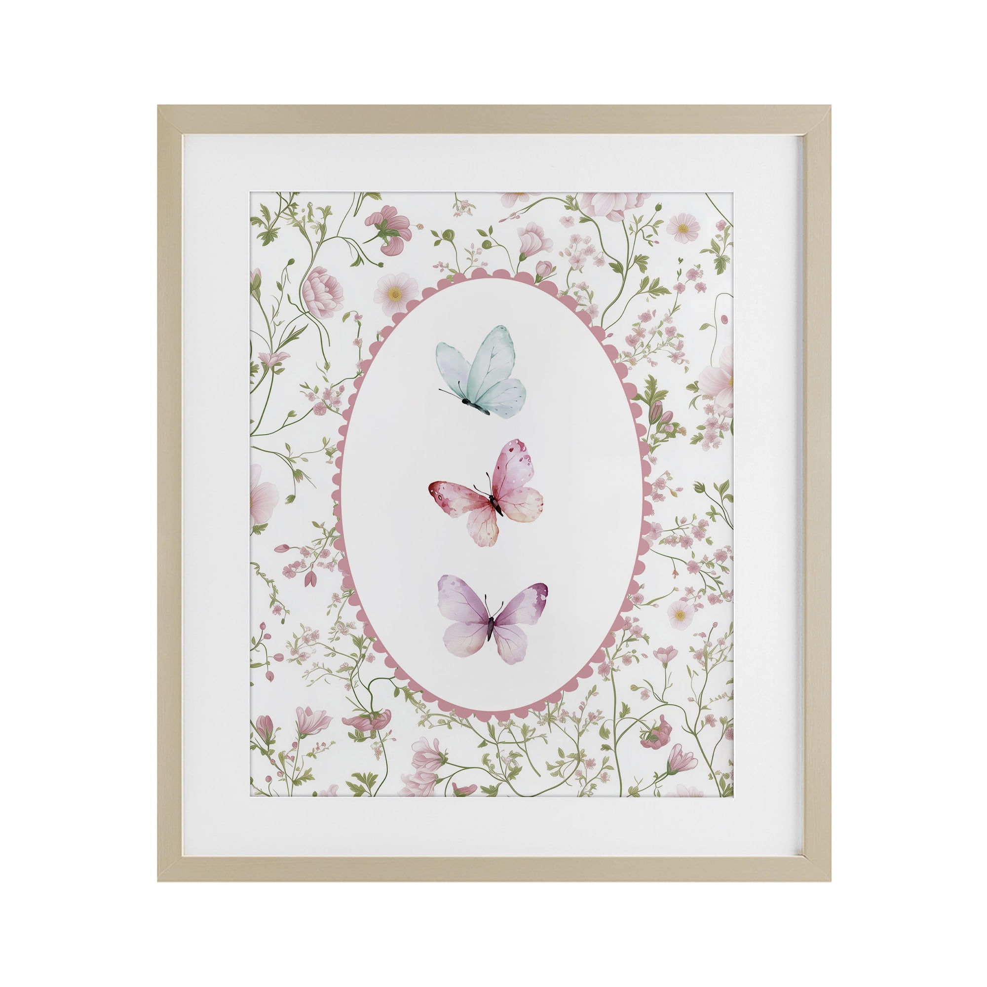 Delicate Florals & Butterfly Birch Framed Print Under Glass, design by Christine Simpson Art
