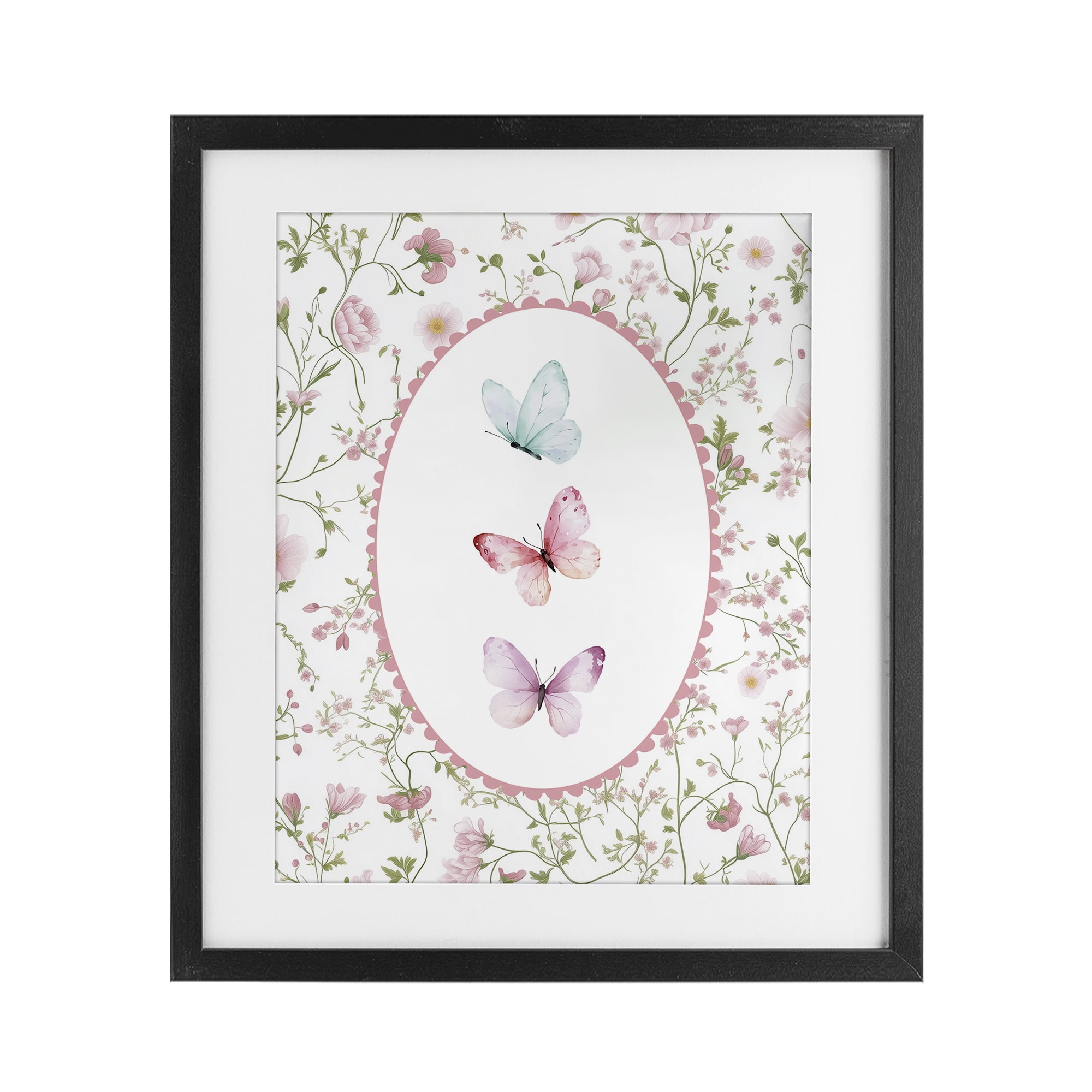 Delicate Florals & Butterfly Black Framed Print Under Glass, design by Christine Simpson Art
