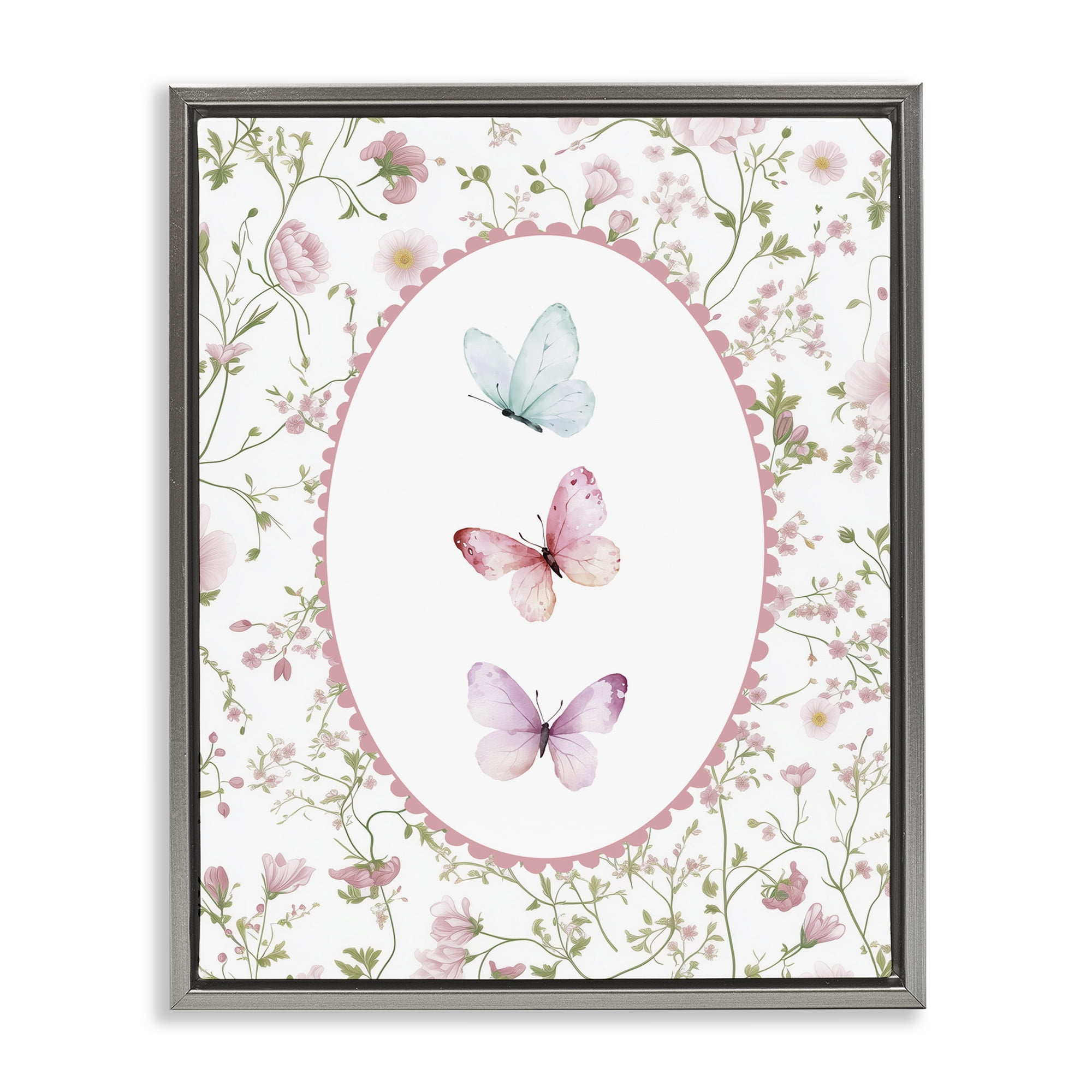 Delicate Florals & Butterfly Gray Framed Floater Canvas Wall Art, design by Christine Simpson Art