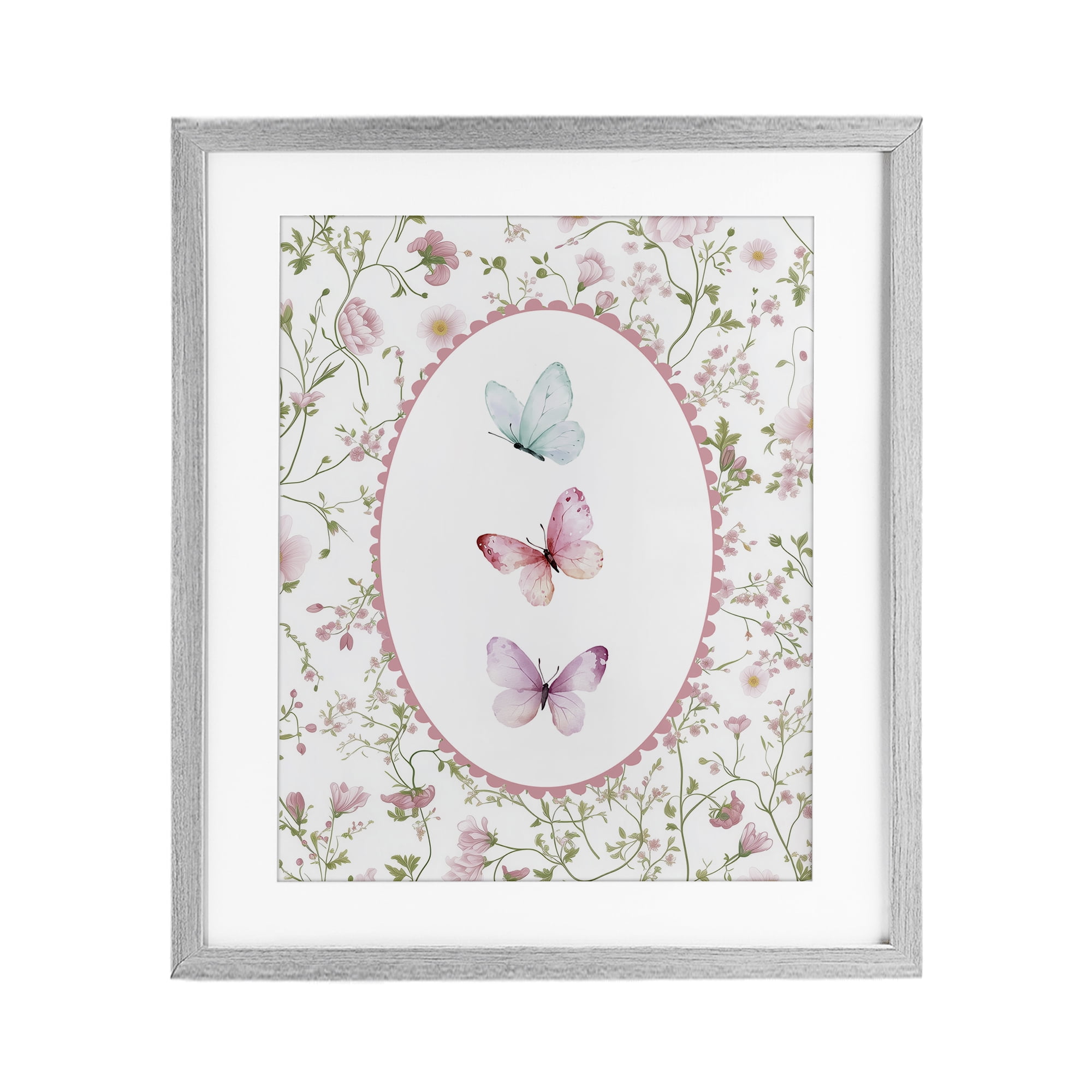 Delicate Florals & Butterfly Gray Framed Print Under Glass, design by Christine Simpson Art