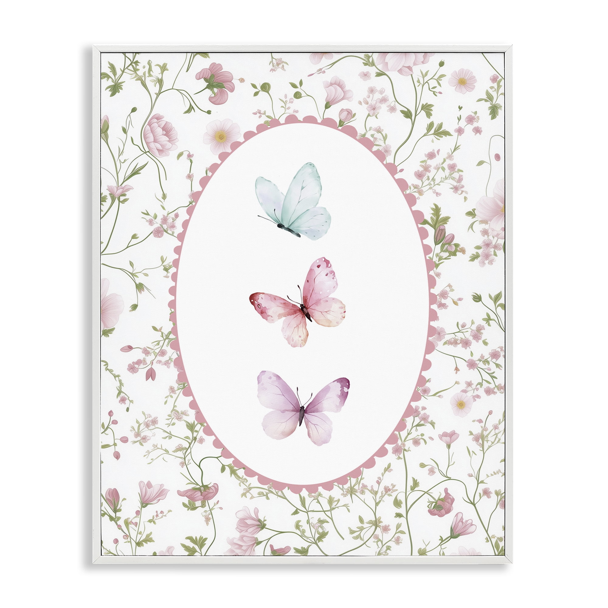 Delicate Florals & Butterfly White Framed Giclee Art, design by Christine Simpson Art