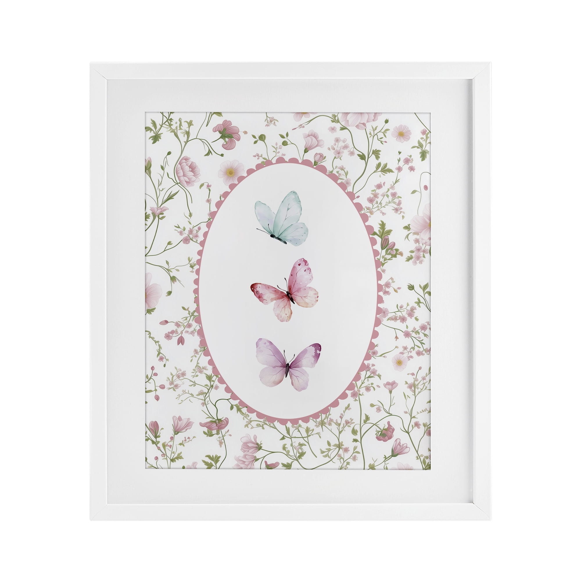 Delicate Florals & Butterfly White Framed Print Under Glass, design by Christine Simpson Art